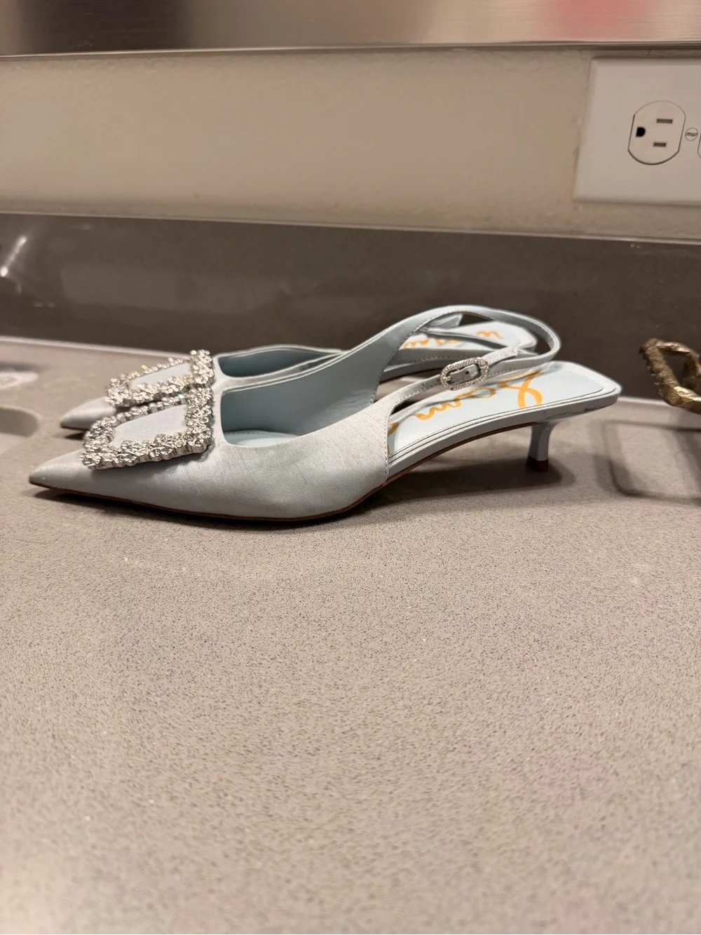 Sam Edelman Silver Satin Pointed Slingback Flats with Crystal Buckle